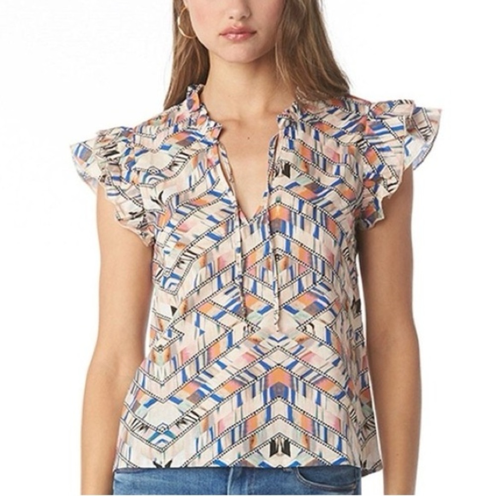 Tart Collections Zosia Ruffled Cap Sleeve Organic Cotton Geometric Tie Shirt‎
